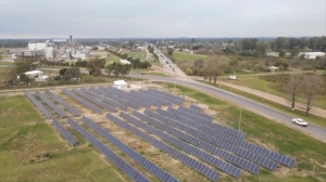 Wide view of solar panel array along a road in Argentina.