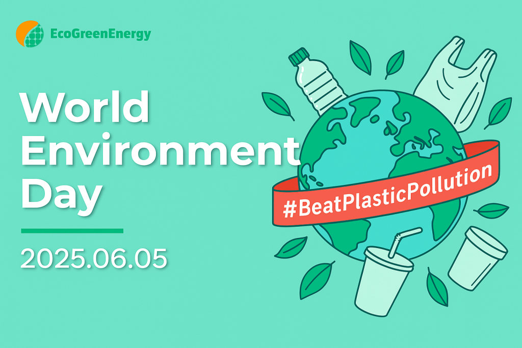 Solar Talk: Eco Green Energy Podcast on World Environment Day, text in white with green background on the right side an icon of the earth, with plastic bottles popping out and a banner with the text: #BeatPlasticPollution on it. It's i a cartoonish style
