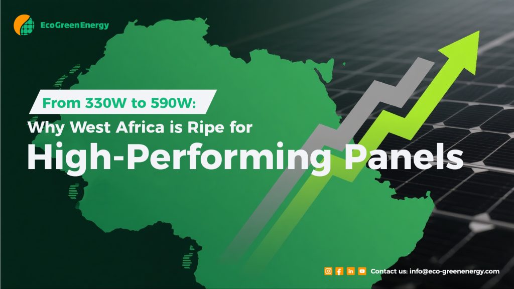 WestAfrica High Performing Panels with Eco Green Energy Logo a green Map of Africa and arrows showing increase, the backgroun is black with solar panel cells