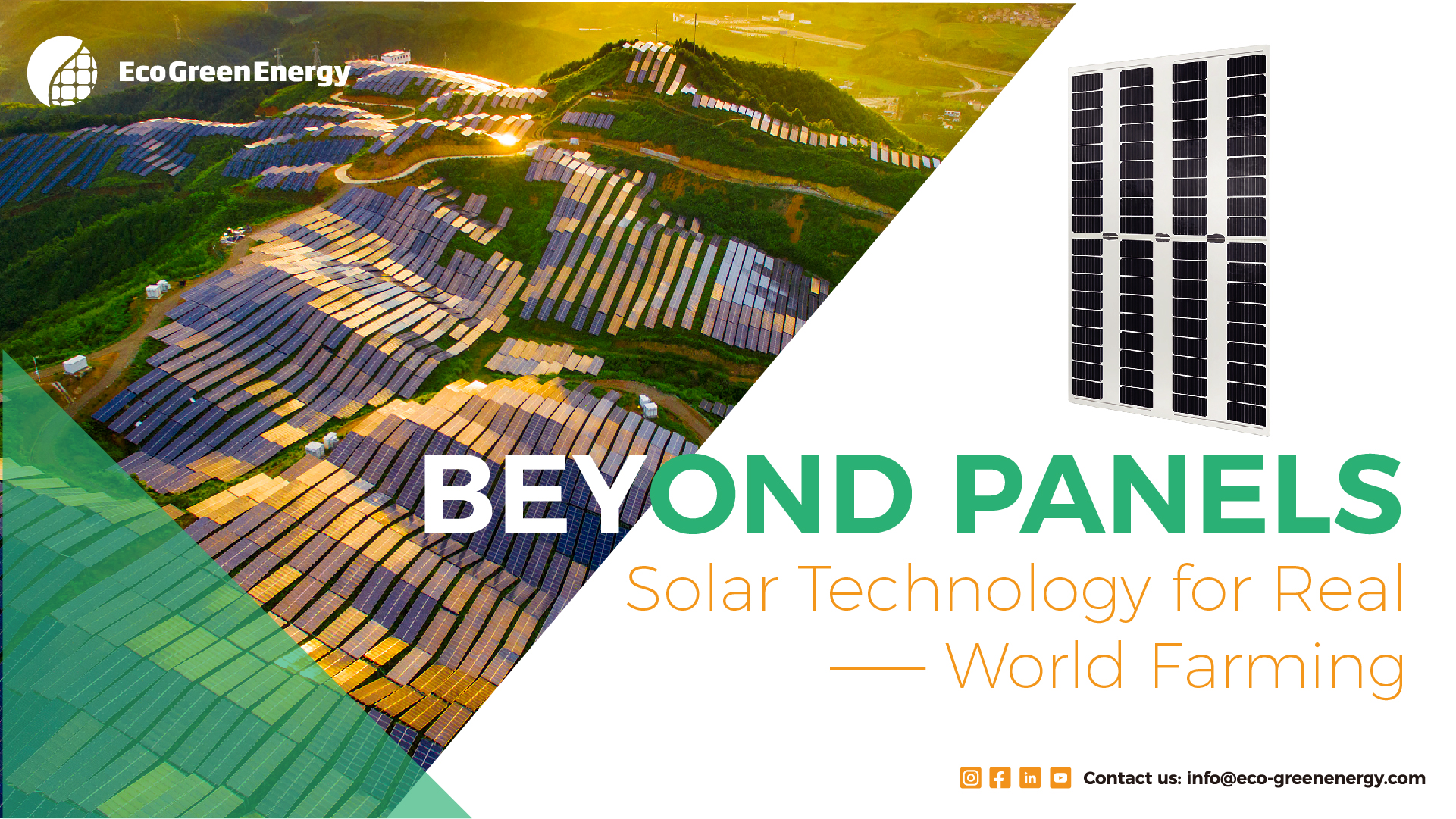 solar-powered feeders and equipment for aquaculture and agriculture: eco green energy loco in front of solar panel farm in the sunset light with green and white background