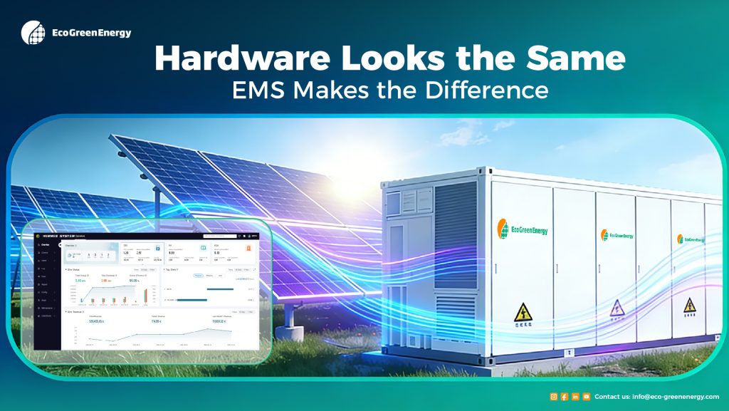 Energy Management System EMS image with a BESS container and a solar panel array with colorful futuristic lights going through them, blue sky in the background and the text Hardware Looks the Same EMS Makes the Difference