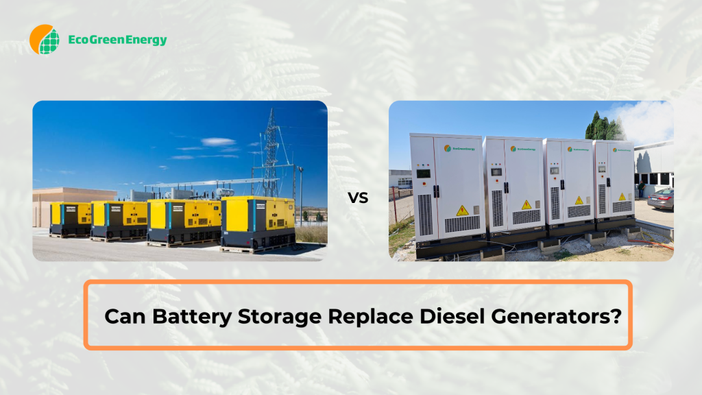 image of yellow diesel generator opposing BESS with the title Can Battery Storage Replace Diesel Generators? With Eco Green Energy logo on the top left