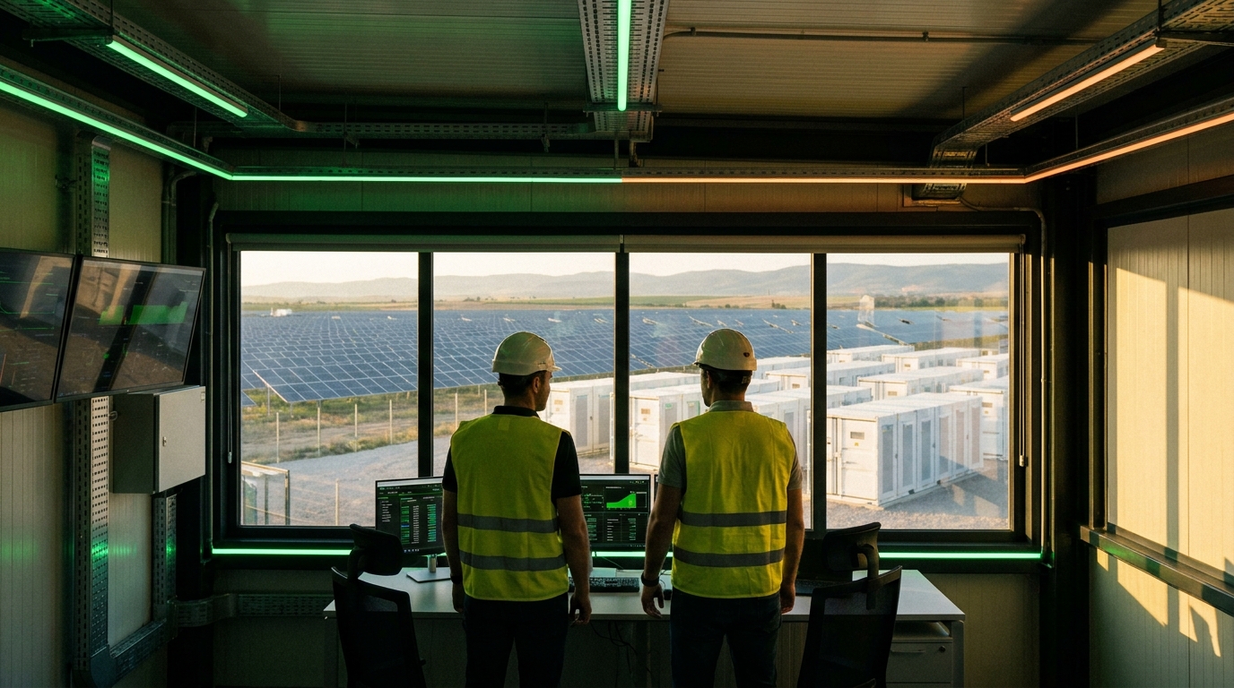 Engineers monitoring a solar and battery storage control room with PV plant in the background