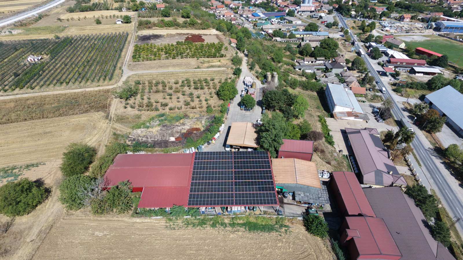 Drone view 150 kW solar project in Serbia at a winery in Irig
